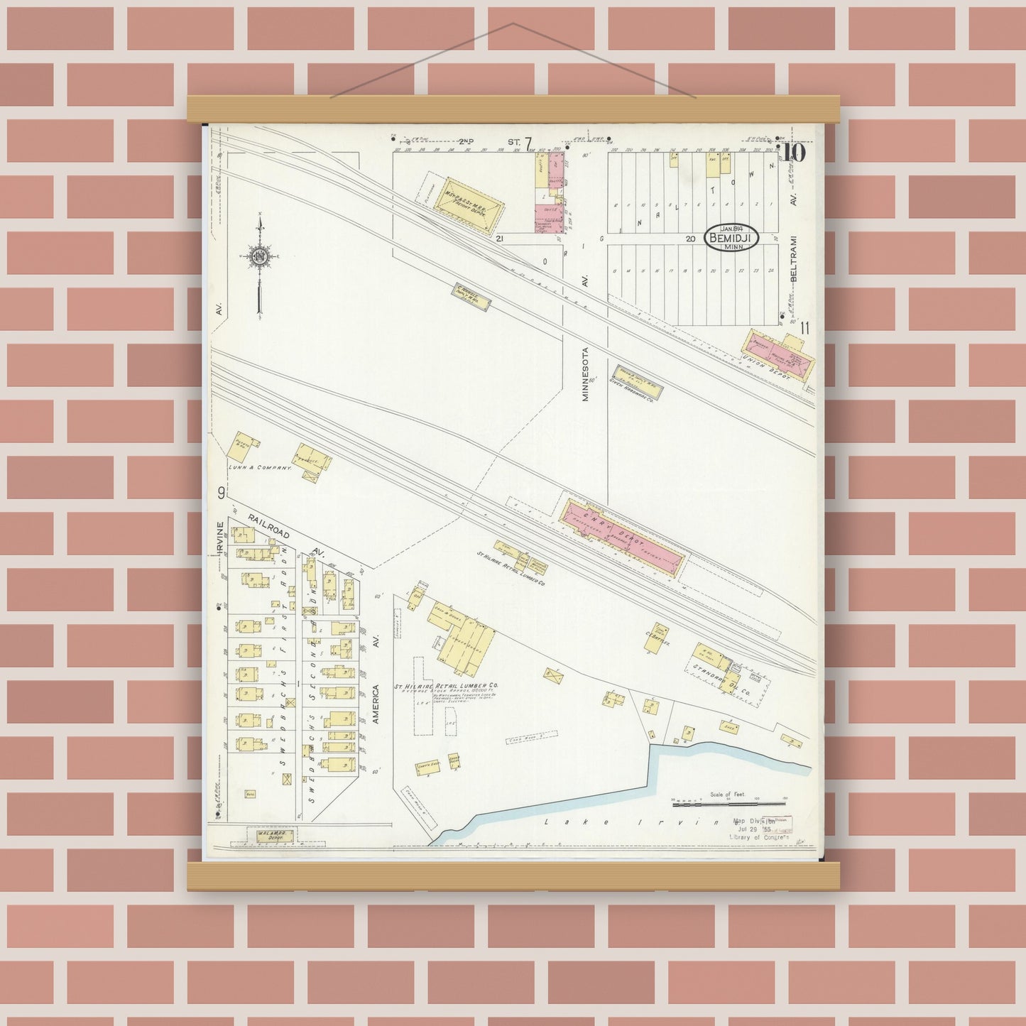Old map wall art mockup — magnetic wood frame on brick wall — Sanborn Fire Insurance Map from Bemidji, Beltrami County, Minnesota (1914), Sheet #0010