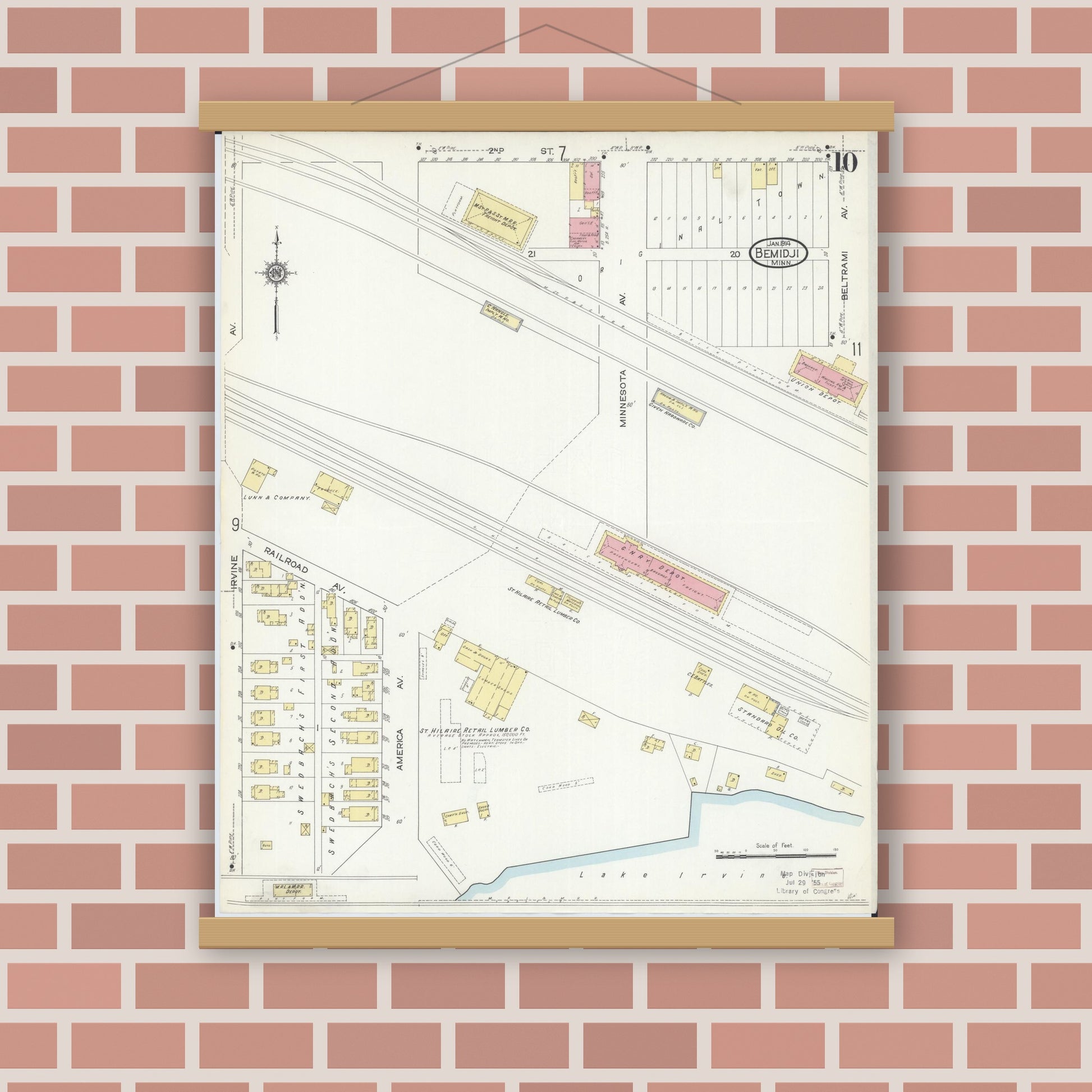 Old map wall art mockup — magnetic wood frame on brick wall — Sanborn Fire Insurance Map from Bemidji, Beltrami County, Minnesota (1914), Sheet #0010