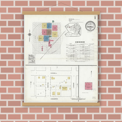 Old map wall art mockup — magnetic wood frame on brick wall — Sanborn Fire Insurance Map from Crowell, Foard County, Texas (1921), Sheet #0001
