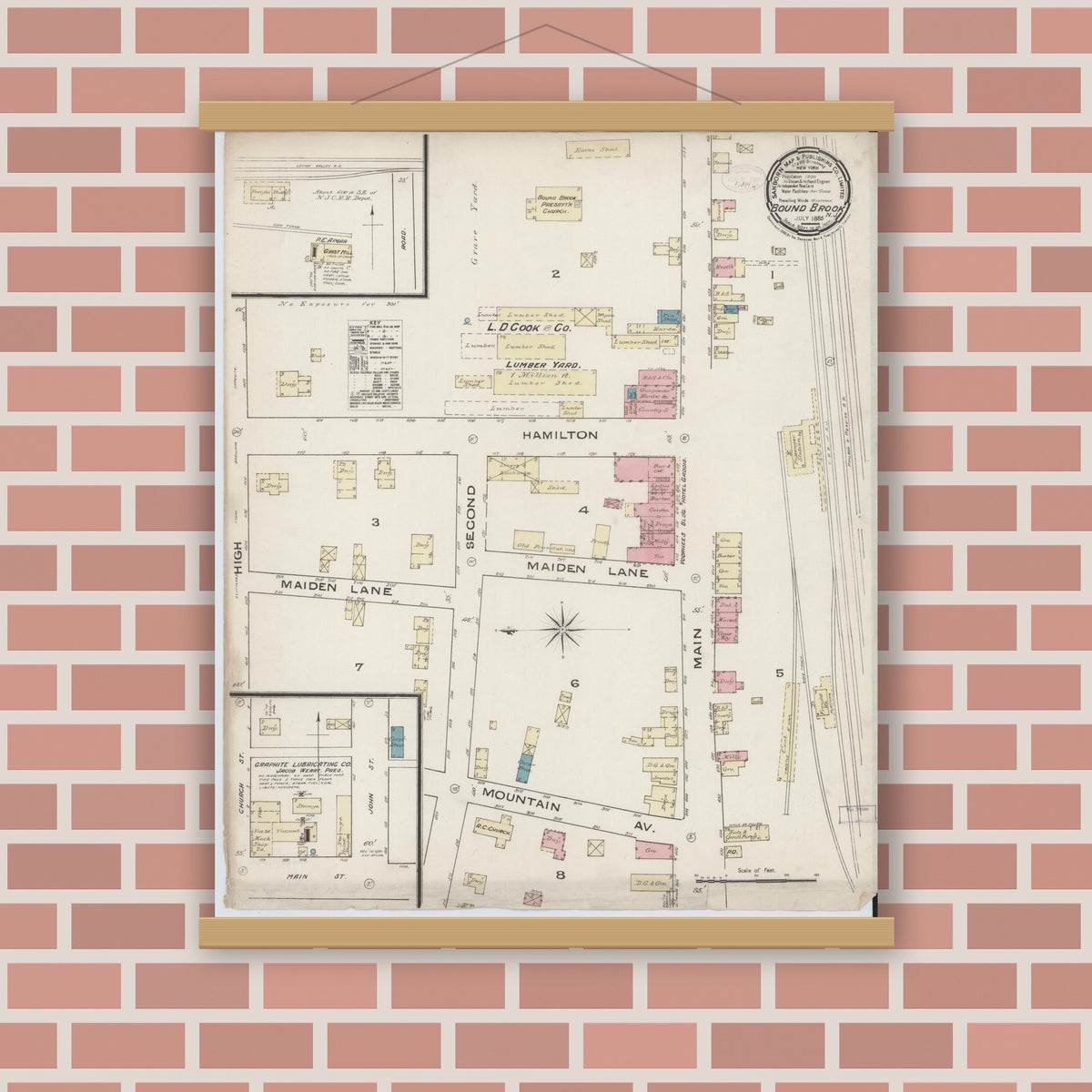 Old map wall art mockup — magnetic wood frame on brick wall — Sanborn Fire Insurance Map from Bound Brook, Somerset County, New Jersey (1885), Sheet #0001