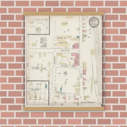 Old map wall art mockup — magnetic wood frame on brick wall — Sanborn Fire Insurance Map from Bound Brook, Somerset County, New Jersey (1885), Sheet #0001