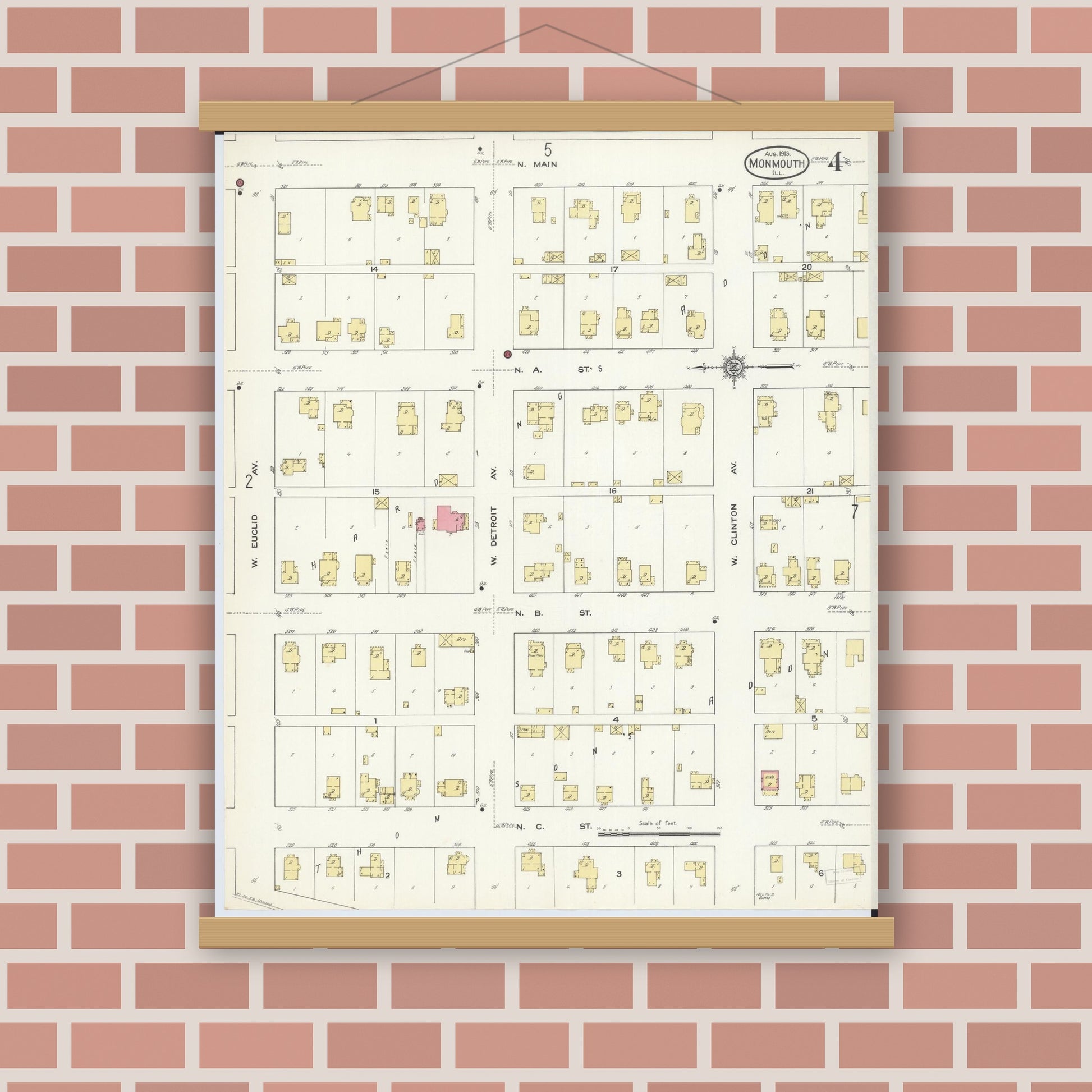Old map wall art mockup — magnetic wood frame on brick wall — Sanborn Fire Insurance Map from Monmouth, Warren County, Illinois (1913), Sheet #0004