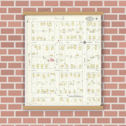 Old map wall art mockup — magnetic wood frame on brick wall — Sanborn Fire Insurance Map from Monmouth, Warren County, Illinois (1913), Sheet #0004