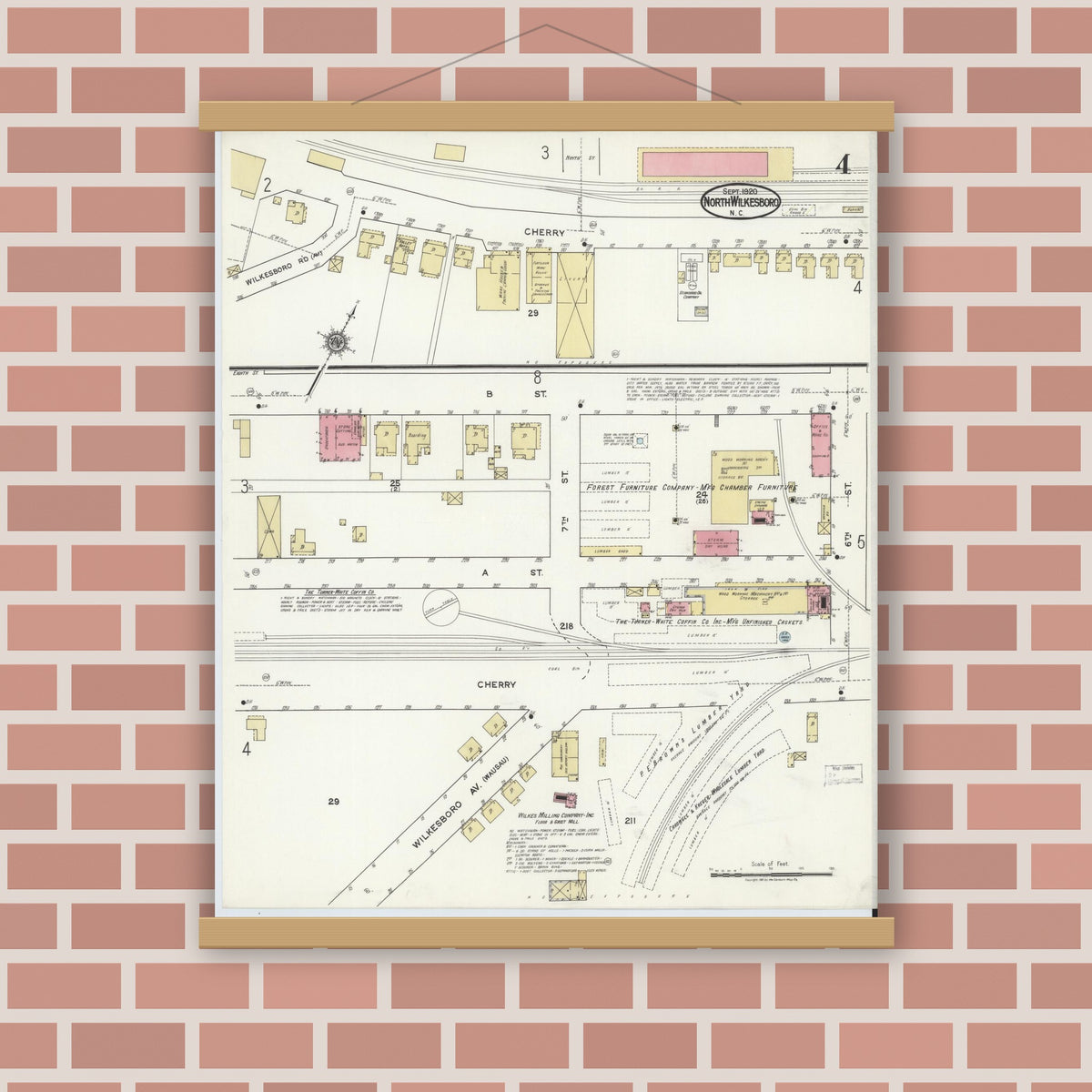 Old map wall art mockup — magnetic wood frame on brick wall — Sanborn Fire Insurance Map from North Wilkesboro, Wilkes County, North Carolina (1920), Sheet #0004