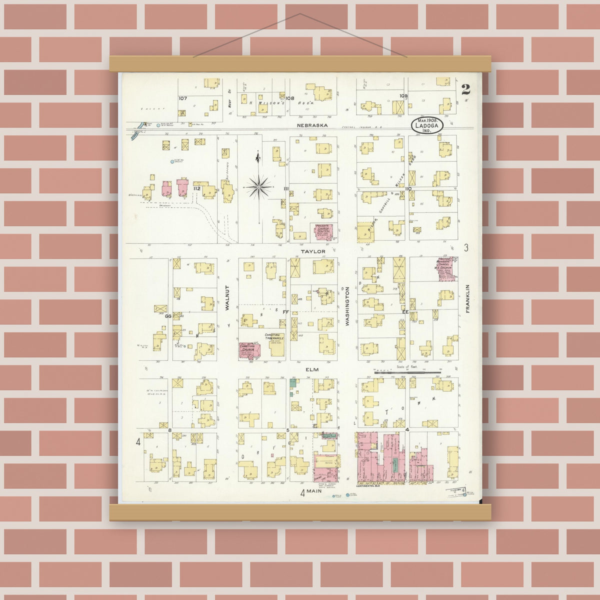 Old map wall art mockup — magnetic wood frame on brick wall — Sanborn Fire Insurance Map from Ladoga, Montgomery County, Indiana (1908), Sheet #0002