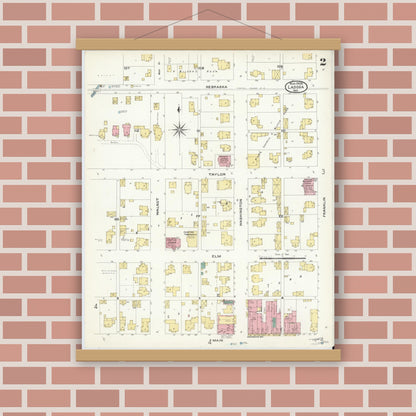 Old map wall art mockup — magnetic wood frame on brick wall — Sanborn Fire Insurance Map from Ladoga, Montgomery County, Indiana (1908), Sheet #0002