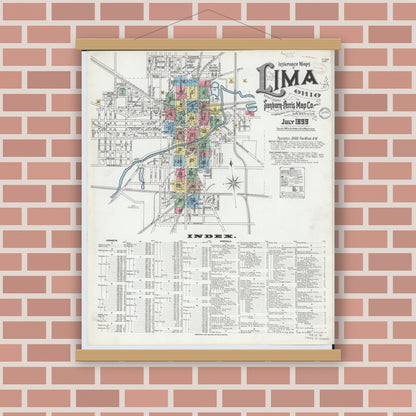 Old map wall art mockup — magnetic wood frame on brick wall — Sanborn Fire Insurance Map from Lima, Allen County, Ohio (1899), Sheet #0001