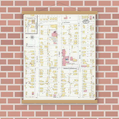 Old map wall art mockup — magnetic wood frame on brick wall — Sanborn Fire Insurance Map from Danville, Vermilion County, Illinois (1909), Sheet #0004
