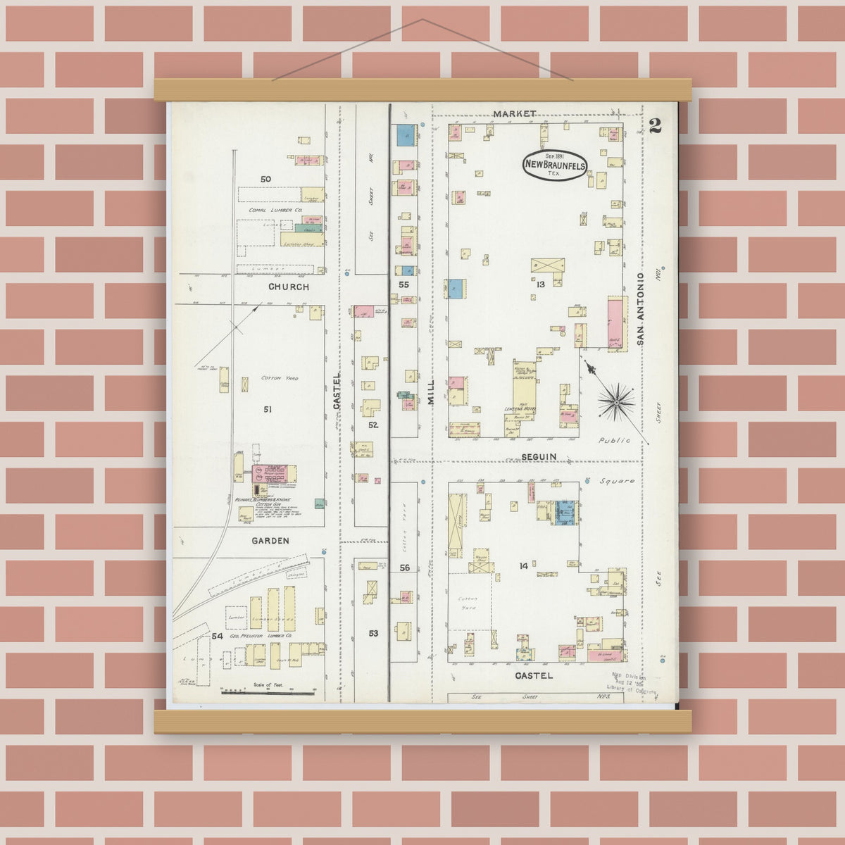 Old map wall art mockup — magnetic wood frame on brick wall — Sanborn Fire Insurance Map from New Braunfels, Comal County, Texas (1891), Sheet #0002