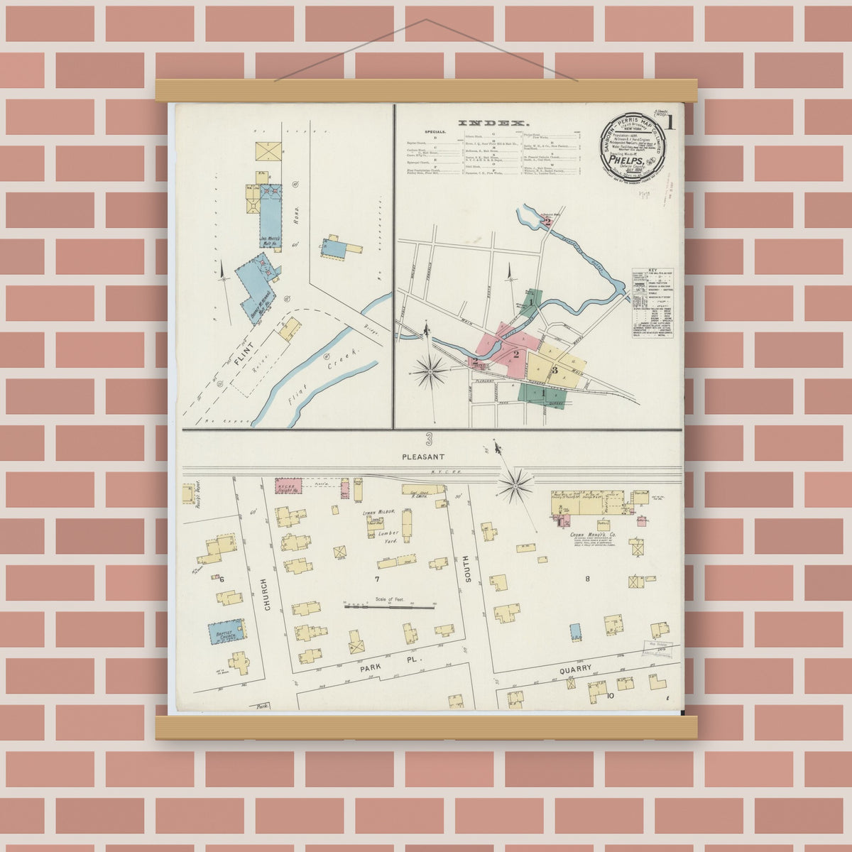 Old map wall art mockup — magnetic wood frame on brick wall — Sanborn Fire Insurance Map from Phelps, Ontario County, New York (1894) - Complete Map Set