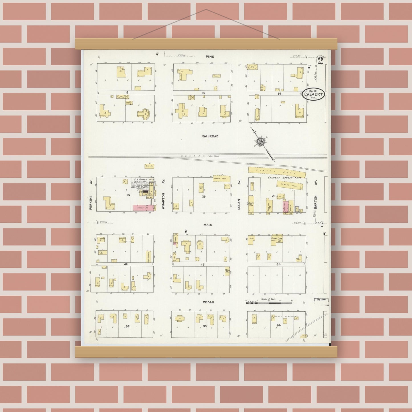 Old map wall art mockup — magnetic wood frame on brick wall — Sanborn Fire Insurance Map from Calvert, Robertson County, Texas (1911), Sheet #0002