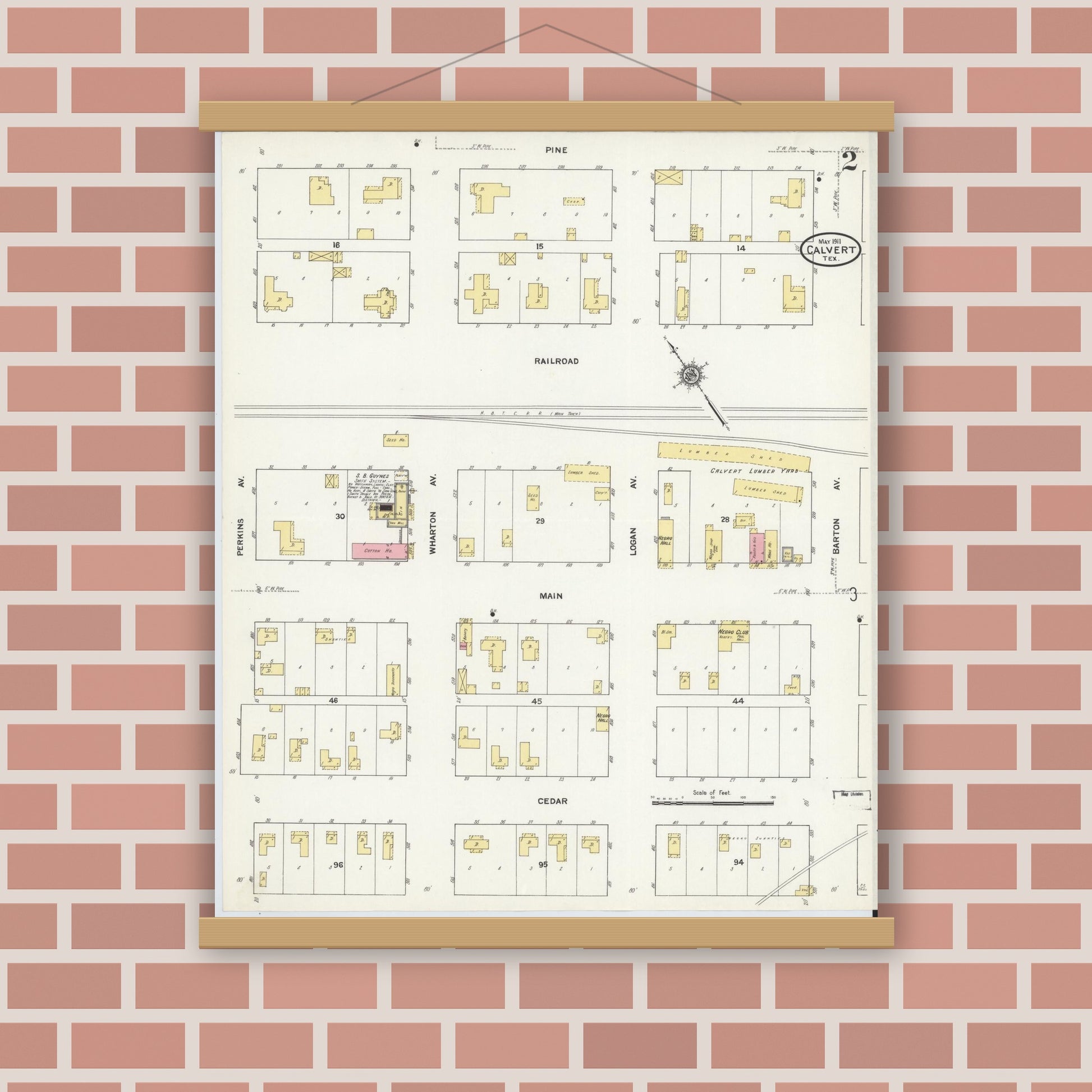 Old map wall art mockup — magnetic wood frame on brick wall — Sanborn Fire Insurance Map from Calvert, Robertson County, Texas (1911), Sheet #0002