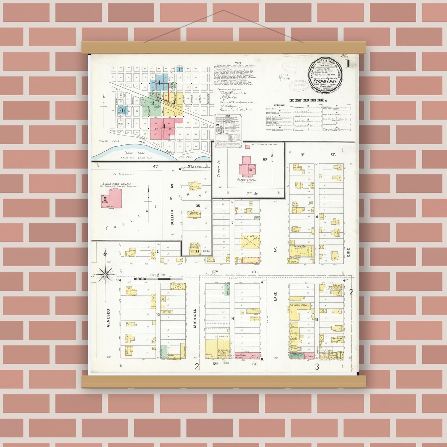 Old map wall art mockup — magnetic wood frame on brick wall — Sanborn Fire Insurance Map from Storm Lake, Buena Vista County, Iowa (1899), Sheet #0001