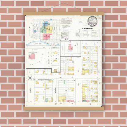 Old map wall art mockup — magnetic wood frame on brick wall — Sanborn Fire Insurance Map from Storm Lake, Buena Vista County, Iowa (1899), Sheet #0001