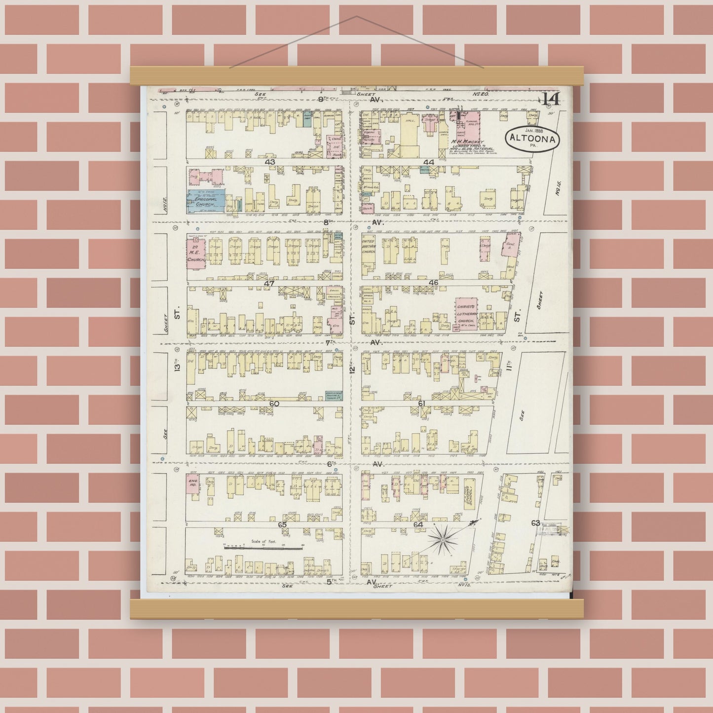 Old map wall art mockup — magnetic wood frame on brick wall — Sanborn Fire Insurance Map from Altoona, Blair County, Pennsylvania (1888), Sheet #0014