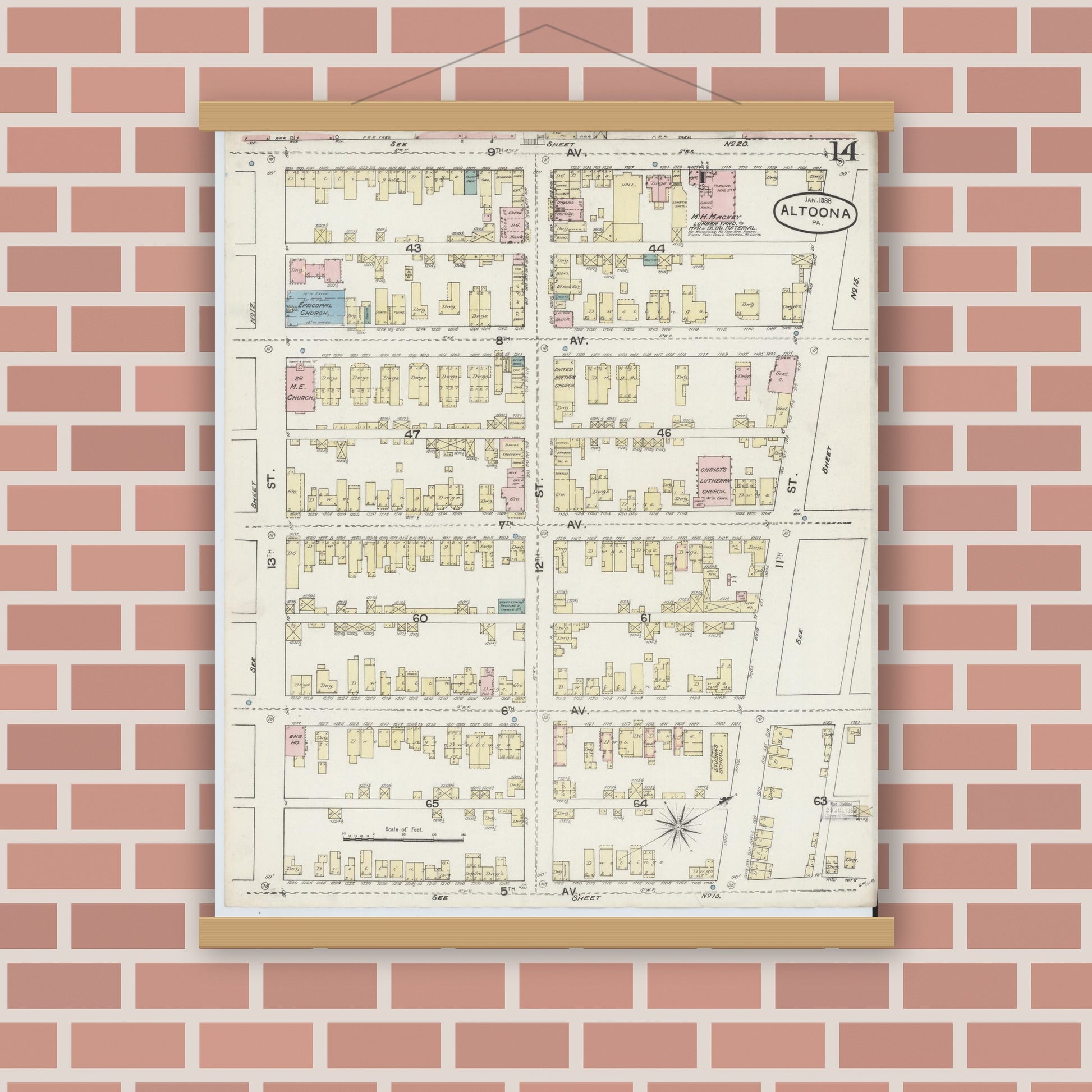 Old map wall art mockup — magnetic wood frame on brick wall — Sanborn Fire Insurance Map from Altoona, Blair County, Pennsylvania (1888), Sheet #0014