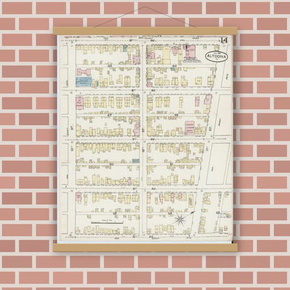 Old map wall art mockup — magnetic wood frame on brick wall — Sanborn Fire Insurance Map from Altoona, Blair County, Pennsylvania (1888), Sheet #0014