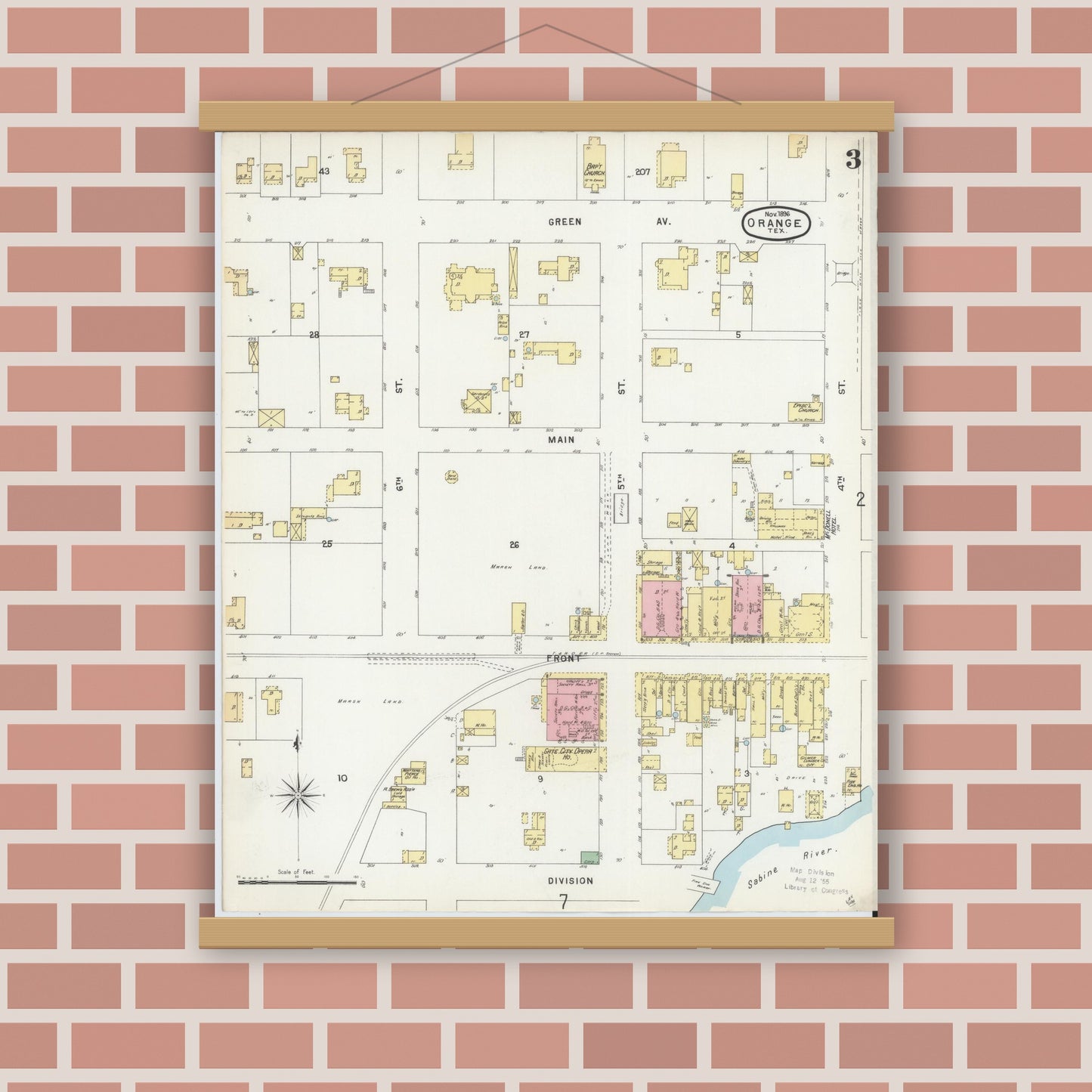 Old map wall art mockup — magnetic wood frame on brick wall — Sanborn Fire Insurance Map from Orange, Orange County, Texas (1896), Sheet #0003