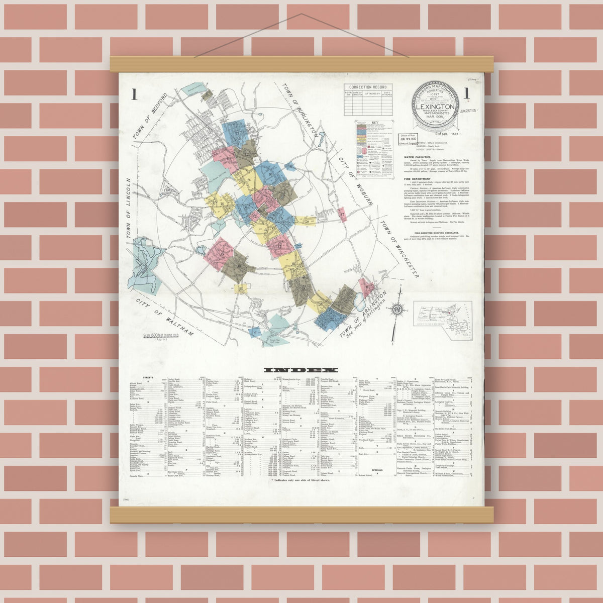 Old map wall art mockup — magnetic wood frame on brick wall — Sanborn Fire Insurance Map from Lexington, Middlesex County, Massachusetts (1935), Sheet #0001