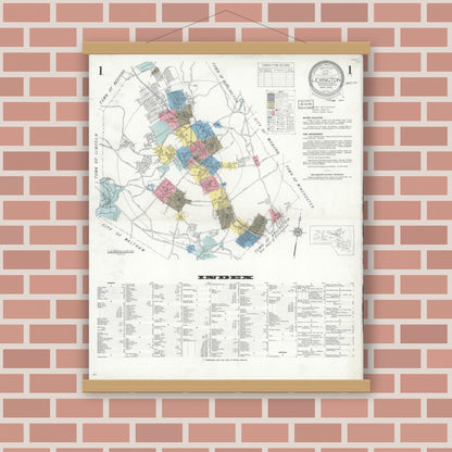 Old map wall art mockup — magnetic wood frame on brick wall — Sanborn Fire Insurance Map from Lexington, Middlesex County, Massachusetts (1935), Sheet #0001