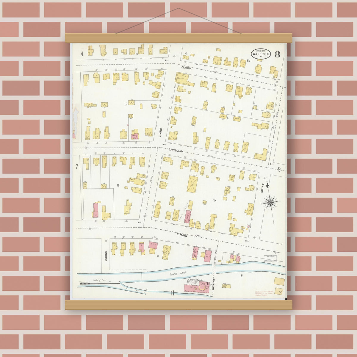 Old map wall art mockup — magnetic wood frame on brick wall — Sanborn Fire Insurance Map from Waterloo, Seneca County, New York (1904), Sheet #0008