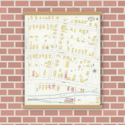 Old map wall art mockup — magnetic wood frame on brick wall — Sanborn Fire Insurance Map from Waterloo, Seneca County, New York (1904), Sheet #0008