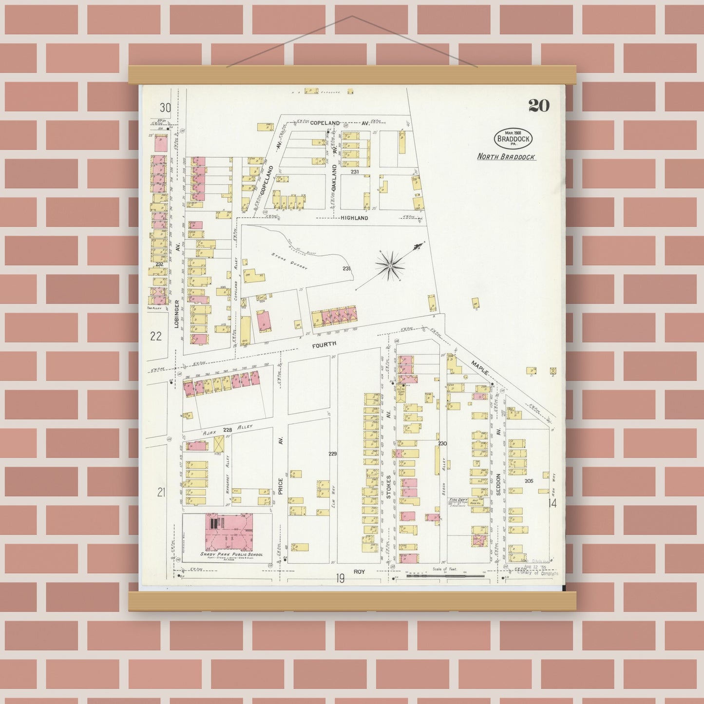 Old map wall art mockup — magnetic wood frame on brick wall — Sanborn Fire Insurance Map from Braddock, Allegheny County, Pennsylvania (1908), Sheet #0020