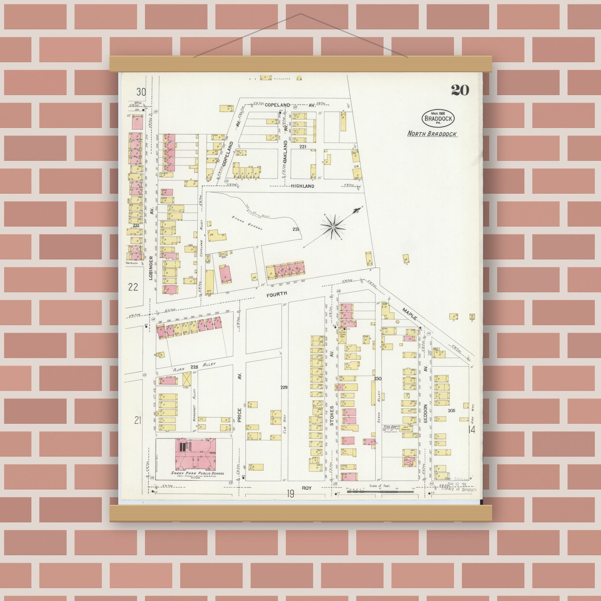 Old map wall art mockup — magnetic wood frame on brick wall — Sanborn Fire Insurance Map from Braddock, Allegheny County, Pennsylvania (1908), Sheet #0020