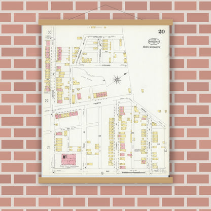 Old map wall art mockup — magnetic wood frame on brick wall — Sanborn Fire Insurance Map from Braddock, Allegheny County, Pennsylvania (1908), Sheet #0020