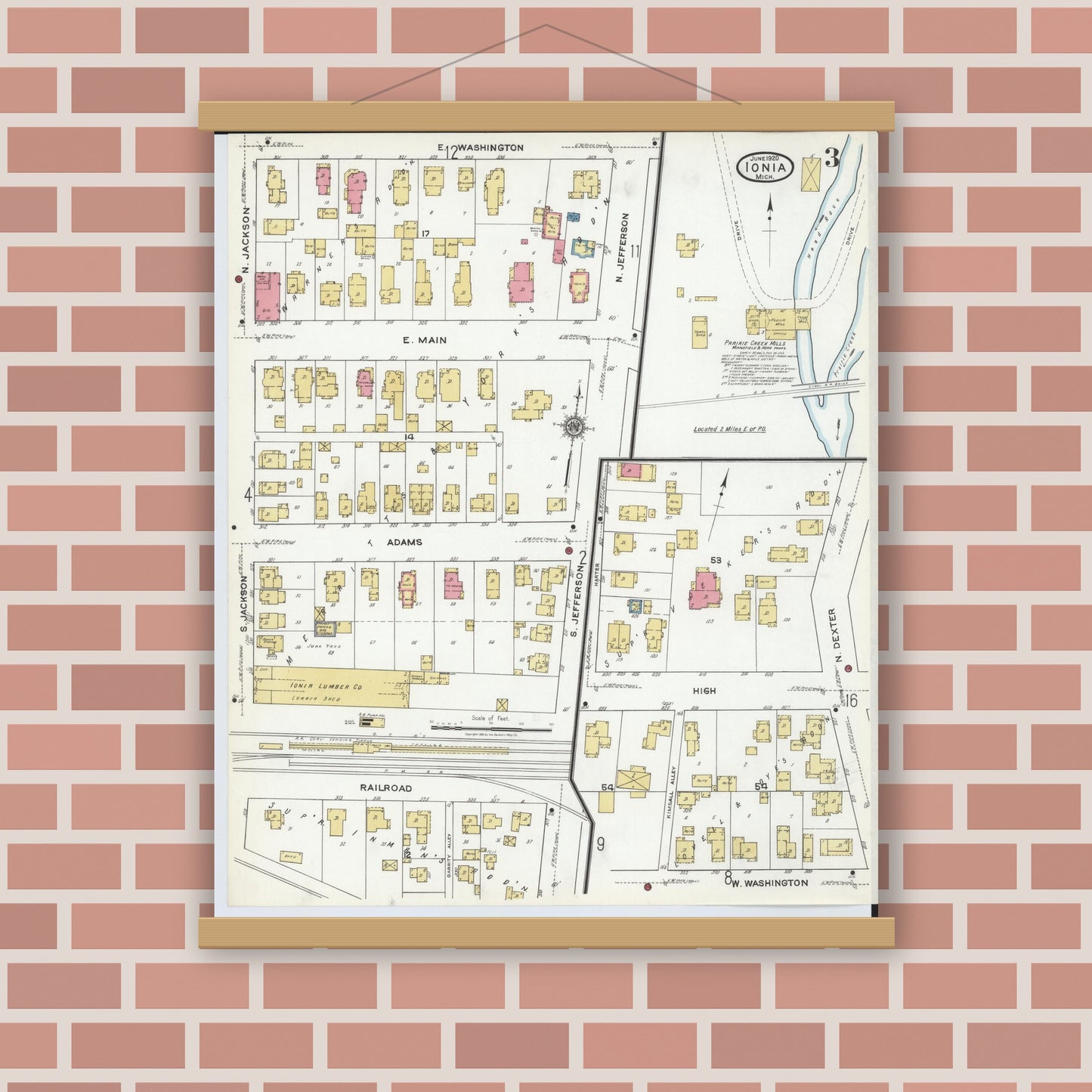 Old map wall art mockup — magnetic wood frame on brick wall — Sanborn Fire Insurance Map from Ionia, Ionia County, Michigan (1920), Sheet #0003