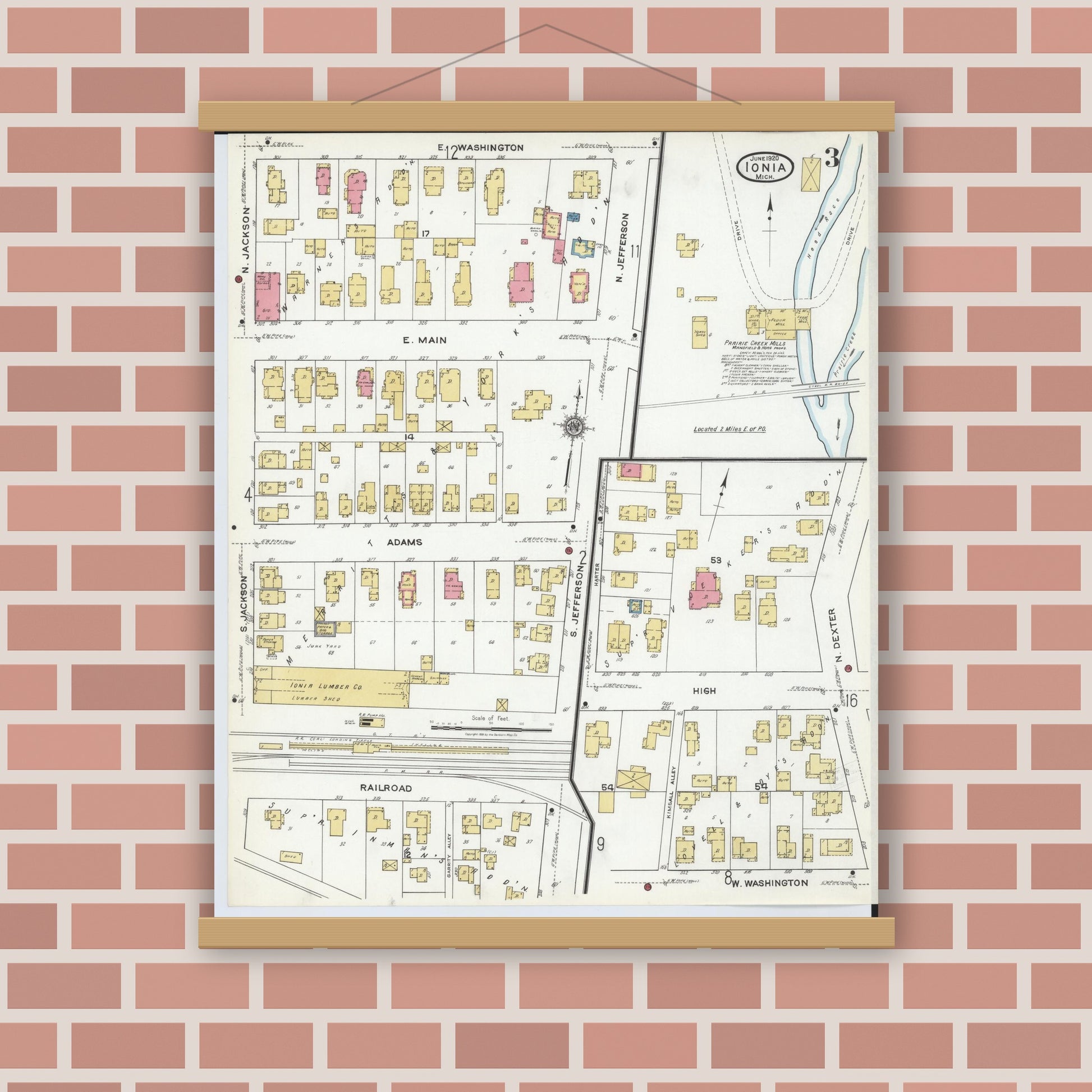 Old map wall art mockup — magnetic wood frame on brick wall — Sanborn Fire Insurance Map from Ionia, Ionia County, Michigan (1920), Sheet #0003