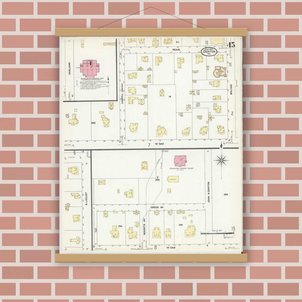 Old map wall art mockup — magnetic wood frame on brick wall — Sanborn Fire Insurance Map from Denton, Denton County, Texas (1907), Sheet #0015
