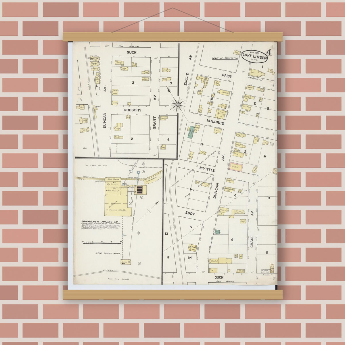 Old map wall art mockup — magnetic wood frame on brick wall — Sanborn Fire Insurance Map from Lake Linden, Houghton County, Michigan (1888), Sheet #0004
