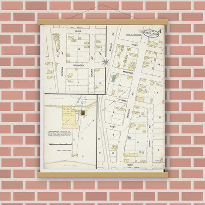 Old map wall art mockup — magnetic wood frame on brick wall — Sanborn Fire Insurance Map from Lake Linden, Houghton County, Michigan (1888), Sheet #0004