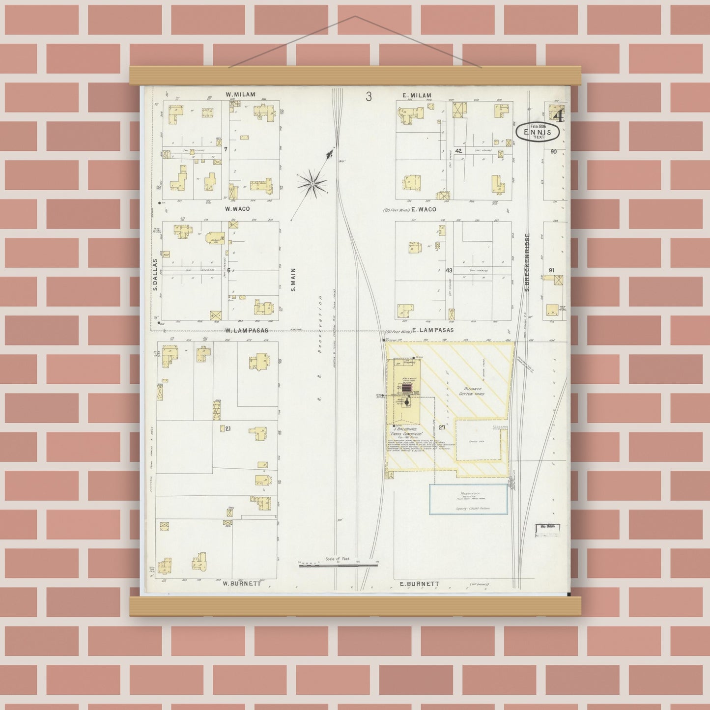 Old map wall art mockup — magnetic wood frame on brick wall — Sanborn Fire Insurance Map from Ennis, Ellis County, Texas (1896), Sheet #0004