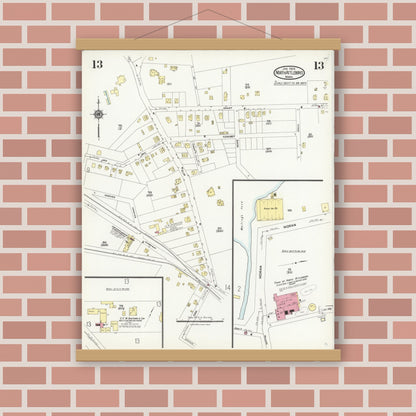 Old map wall art mockup — magnetic wood frame on brick wall — Sanborn Fire Insurance Map from North Attleborough, Bristol County, Massachusetts (1924), Sheet #0013