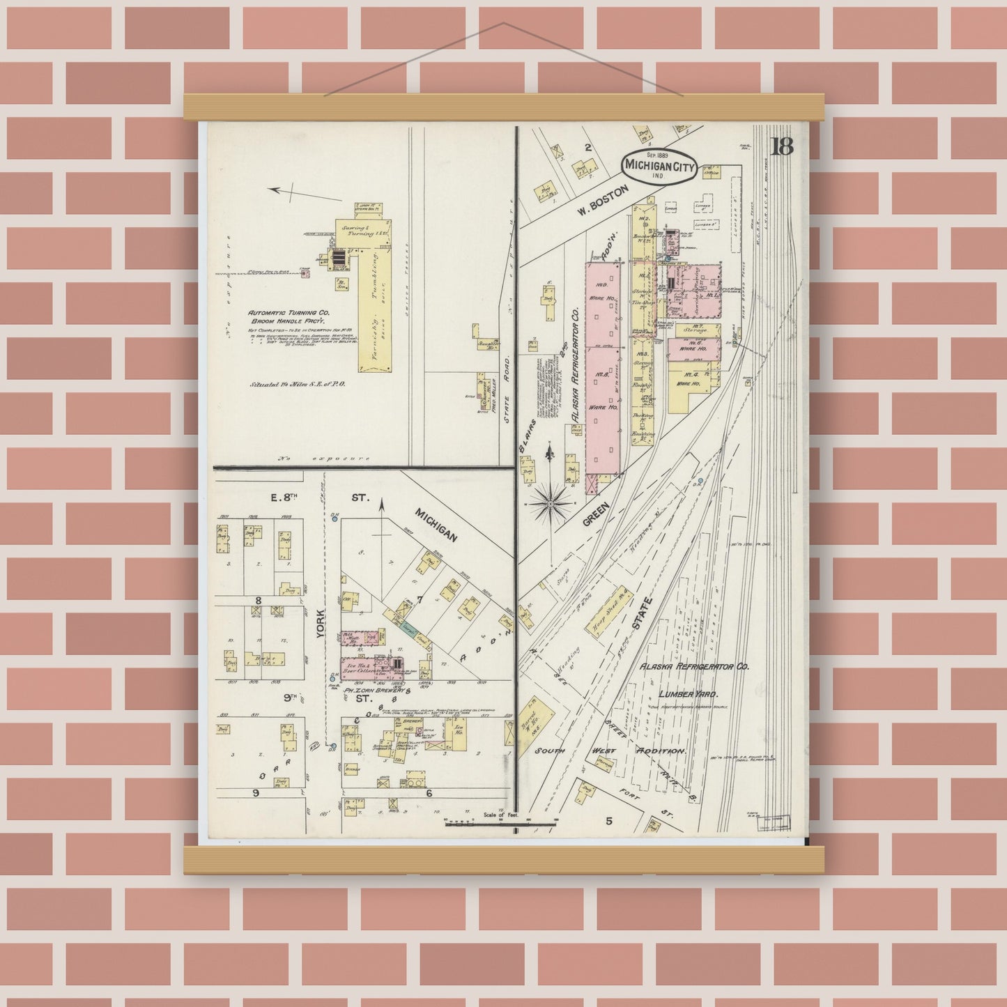 Old map wall art mockup — magnetic wood frame on brick wall — Sanborn Fire Insurance Map from Michigan City, La Porte County, Indiana (1889), Sheet #0018