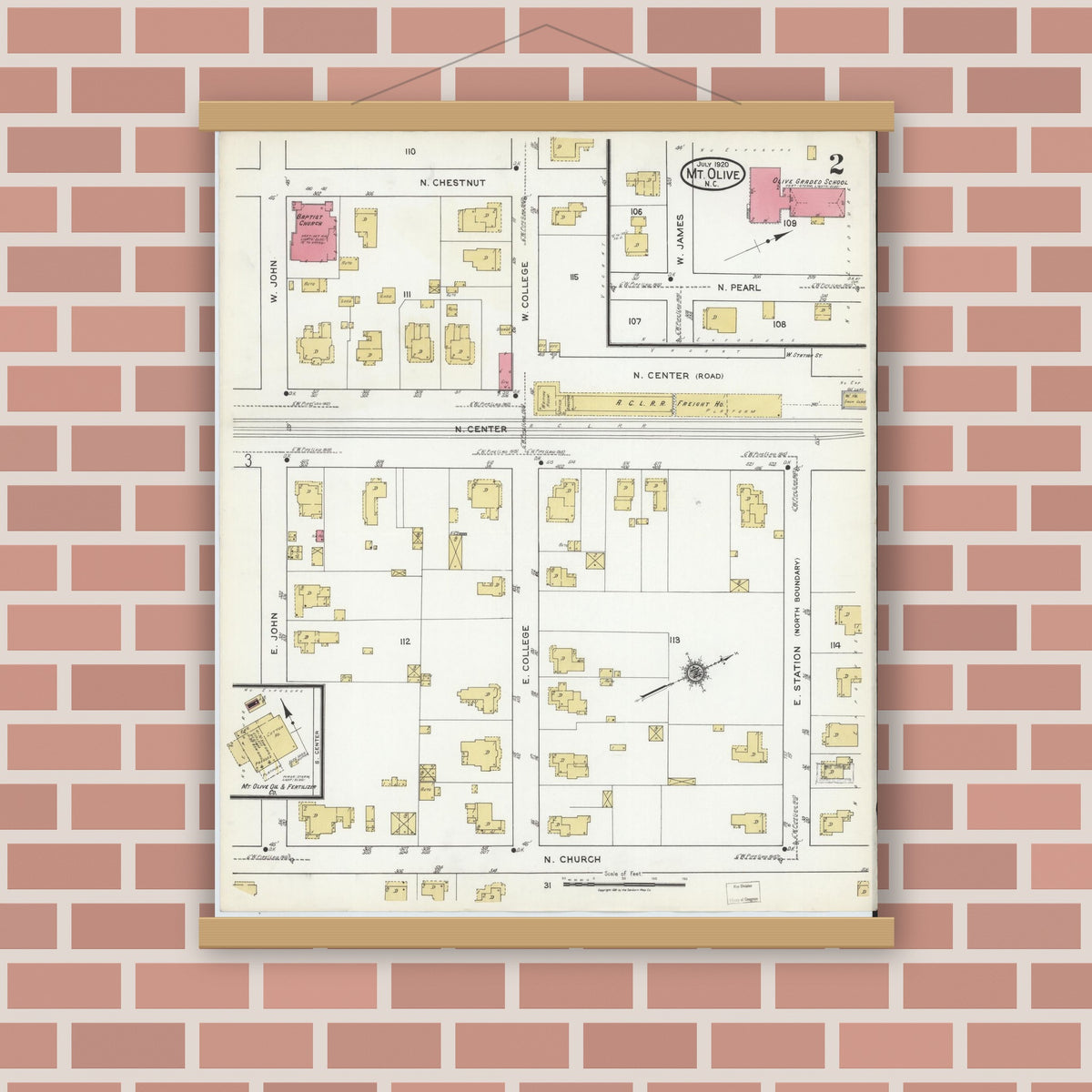 Old map wall art mockup — magnetic wood frame on brick wall — Sanborn Fire Insurance Map from Mount Olive, Wayne County, North Carolina (1920), Sheet #0002