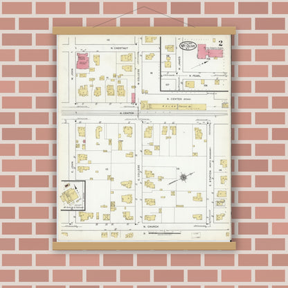 Old map wall art mockup — magnetic wood frame on brick wall — Sanborn Fire Insurance Map from Mount Olive, Wayne County, North Carolina (1920), Sheet #0002