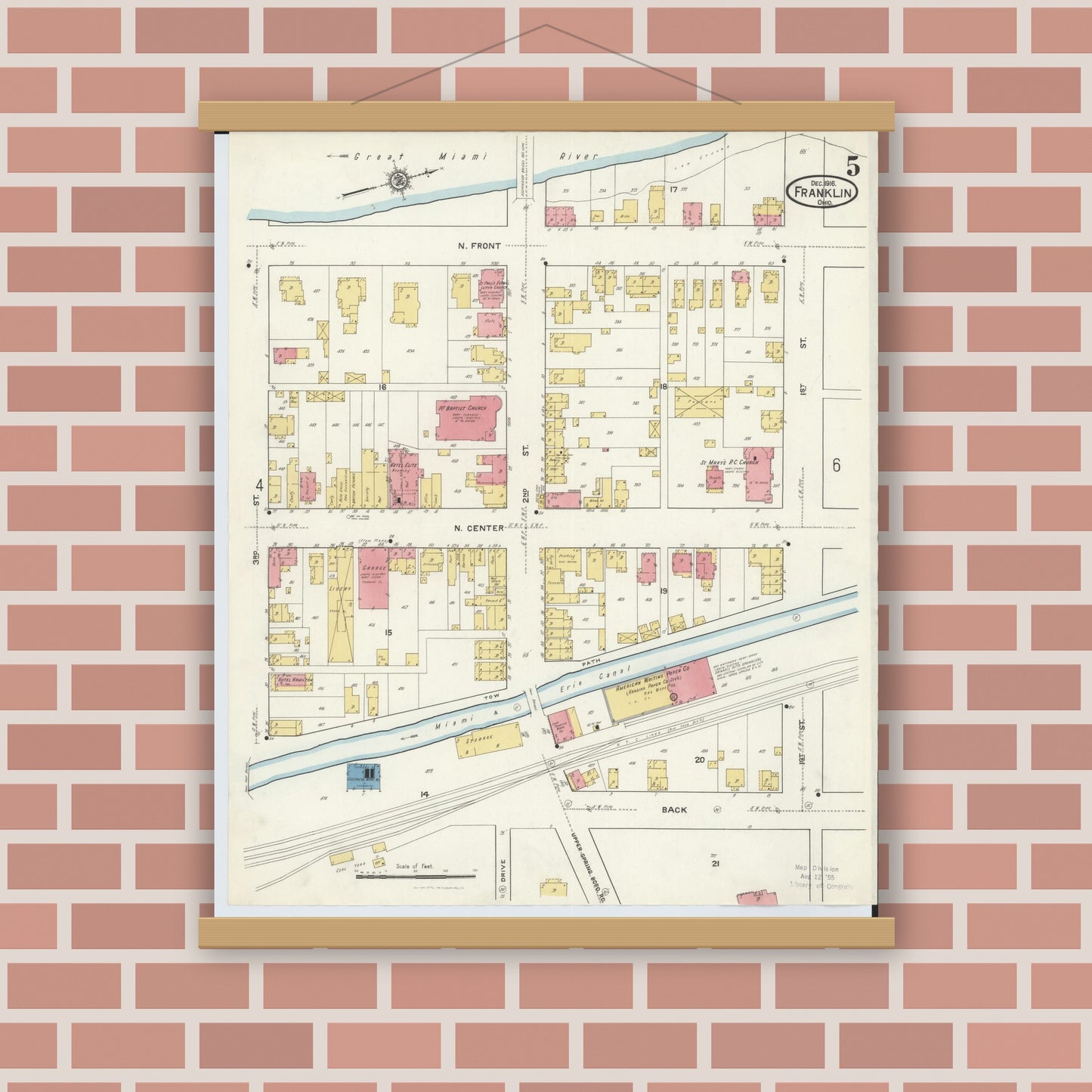 Old map wall art mockup — magnetic wood frame on brick wall — Sanborn Fire Insurance Map from Franklin, Warren County, Ohio (1916), Sheet #0005