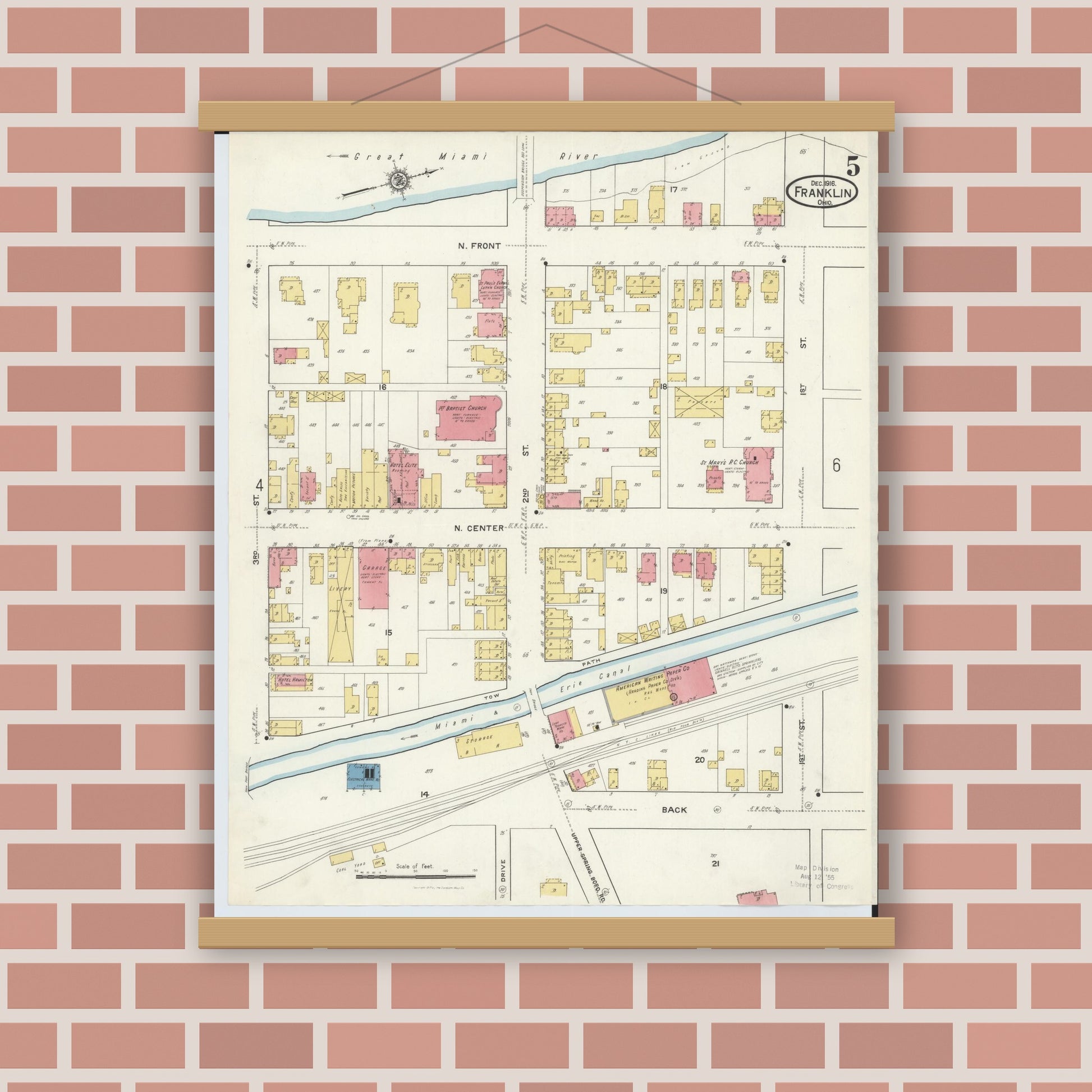 Old map wall art mockup — magnetic wood frame on brick wall — Sanborn Fire Insurance Map from Franklin, Warren County, Ohio (1916), Sheet #0005