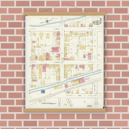 Old map wall art mockup — magnetic wood frame on brick wall — Sanborn Fire Insurance Map from Franklin, Warren County, Ohio (1916), Sheet #0005