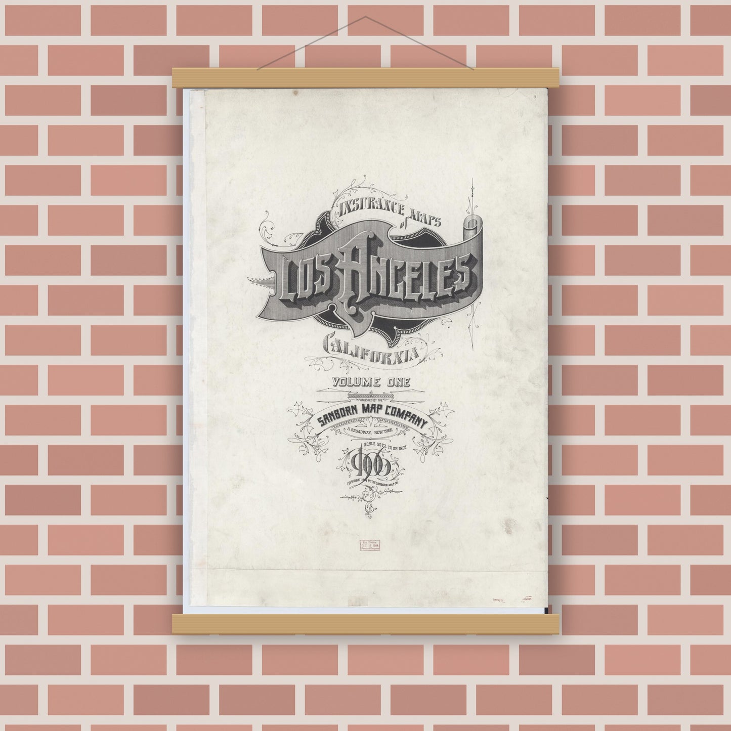 Old map wall art mockup — magnetic wood frame on brick wall — Sanborn Fire Insurance Map from Los Angeles, Los Angeles County, California (1906), Sheet #0001