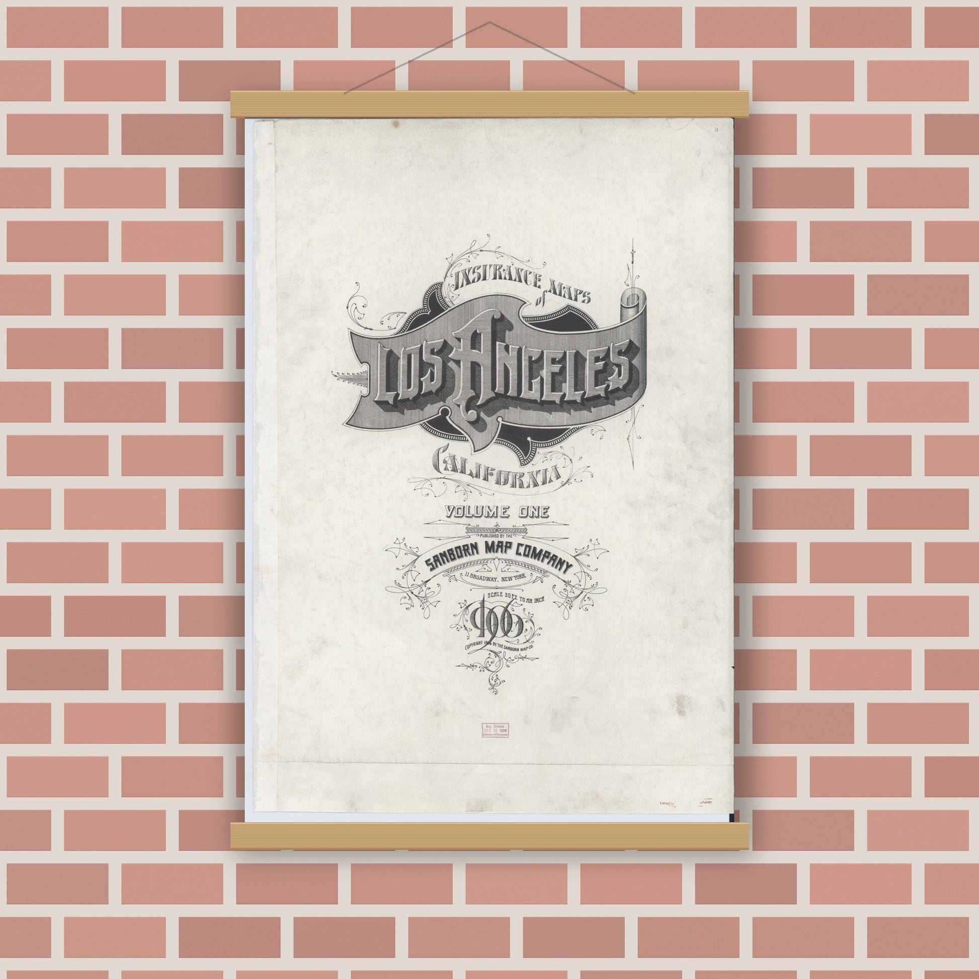 Old map wall art mockup — magnetic wood frame on brick wall — Sanborn Fire Insurance Map from Los Angeles, Los Angeles County, California (1906), Sheet #0001