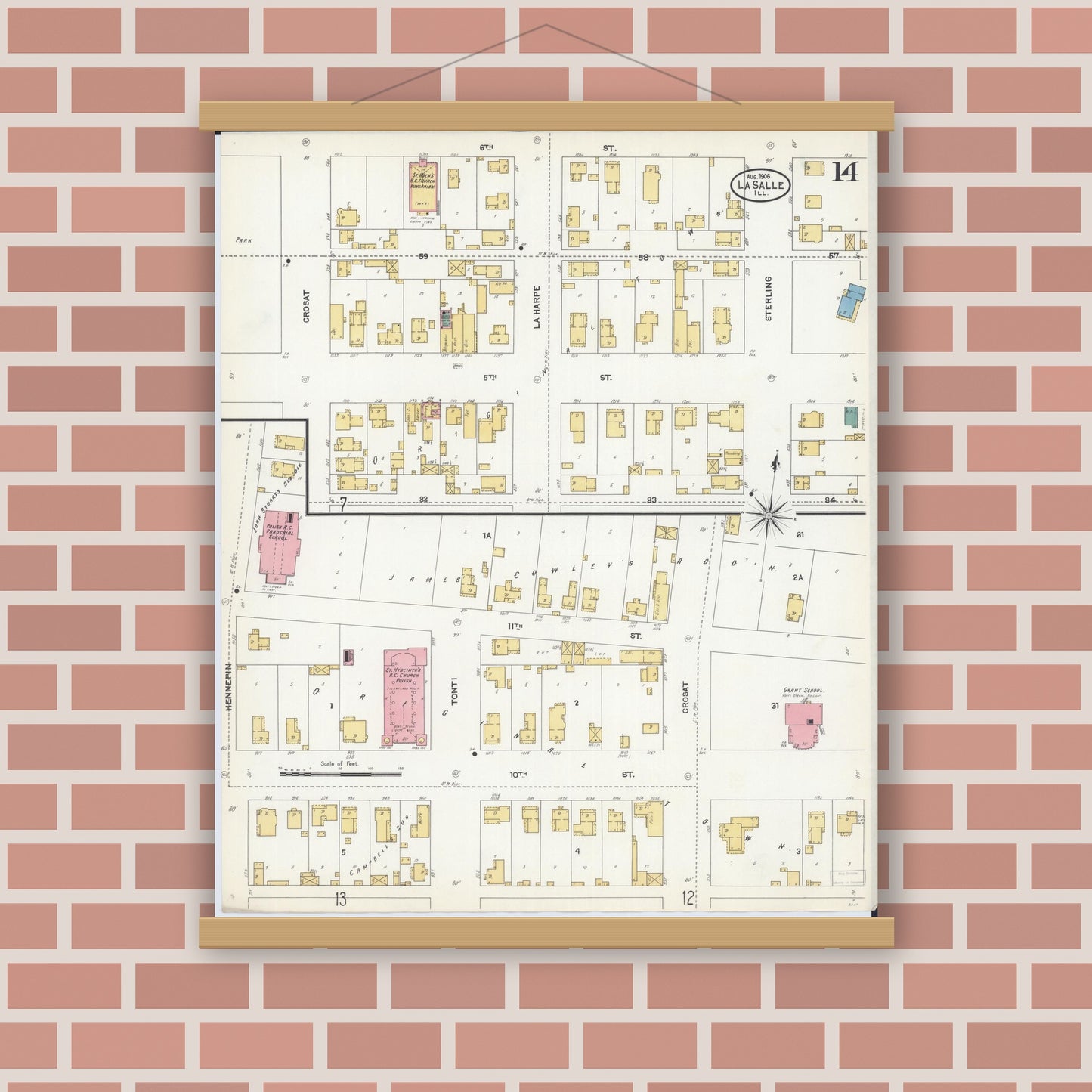 Old map wall art mockup — magnetic wood frame on brick wall — Sanborn Fire Insurance Map from La Salle, La Salle County, Illinois (1906), Sheet #0014