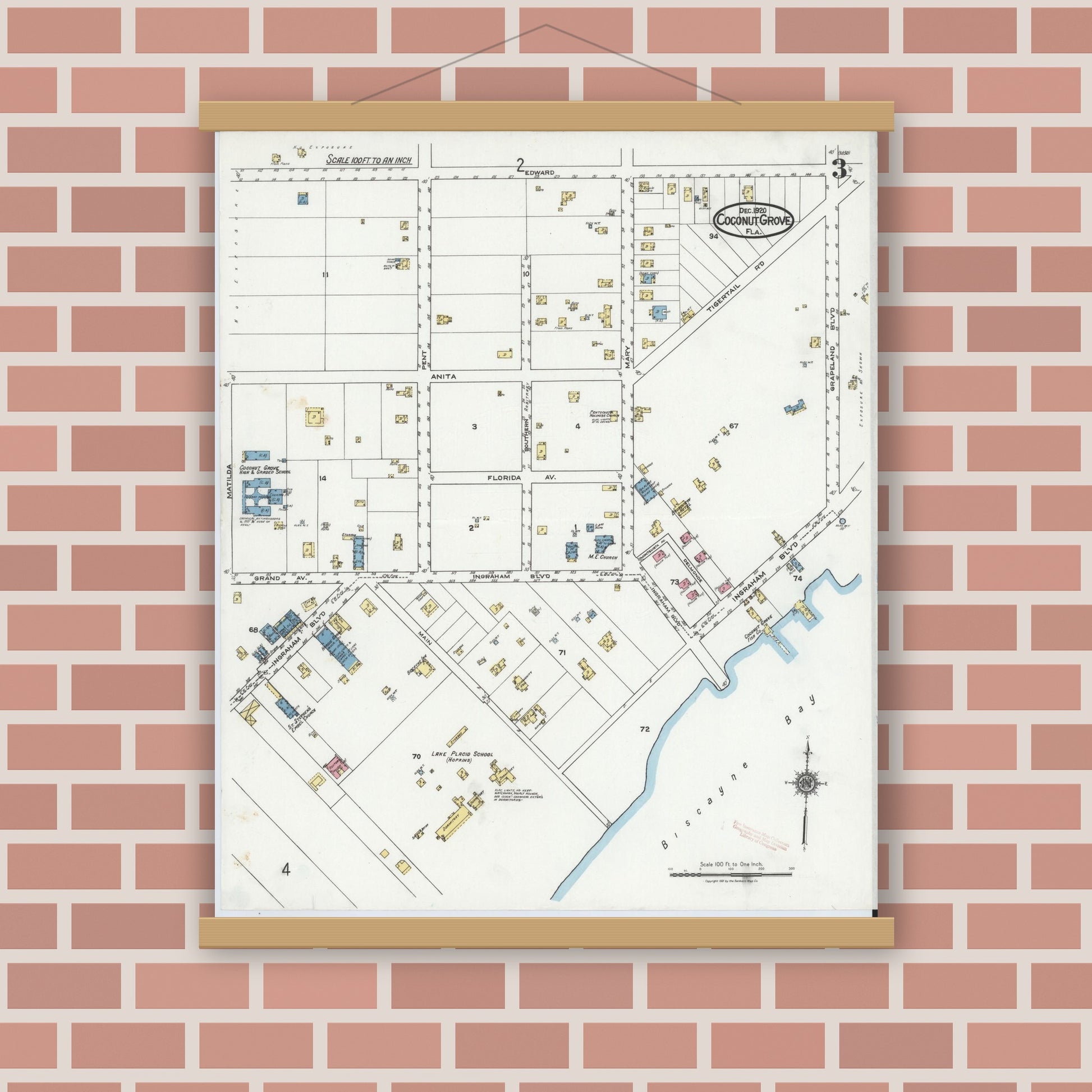 Old map wall art mockup — magnetic wood frame on brick wall — Sanborn Fire Insurance Map from Coconut Grove, Dade County, Florida (1920), Sheet #0003