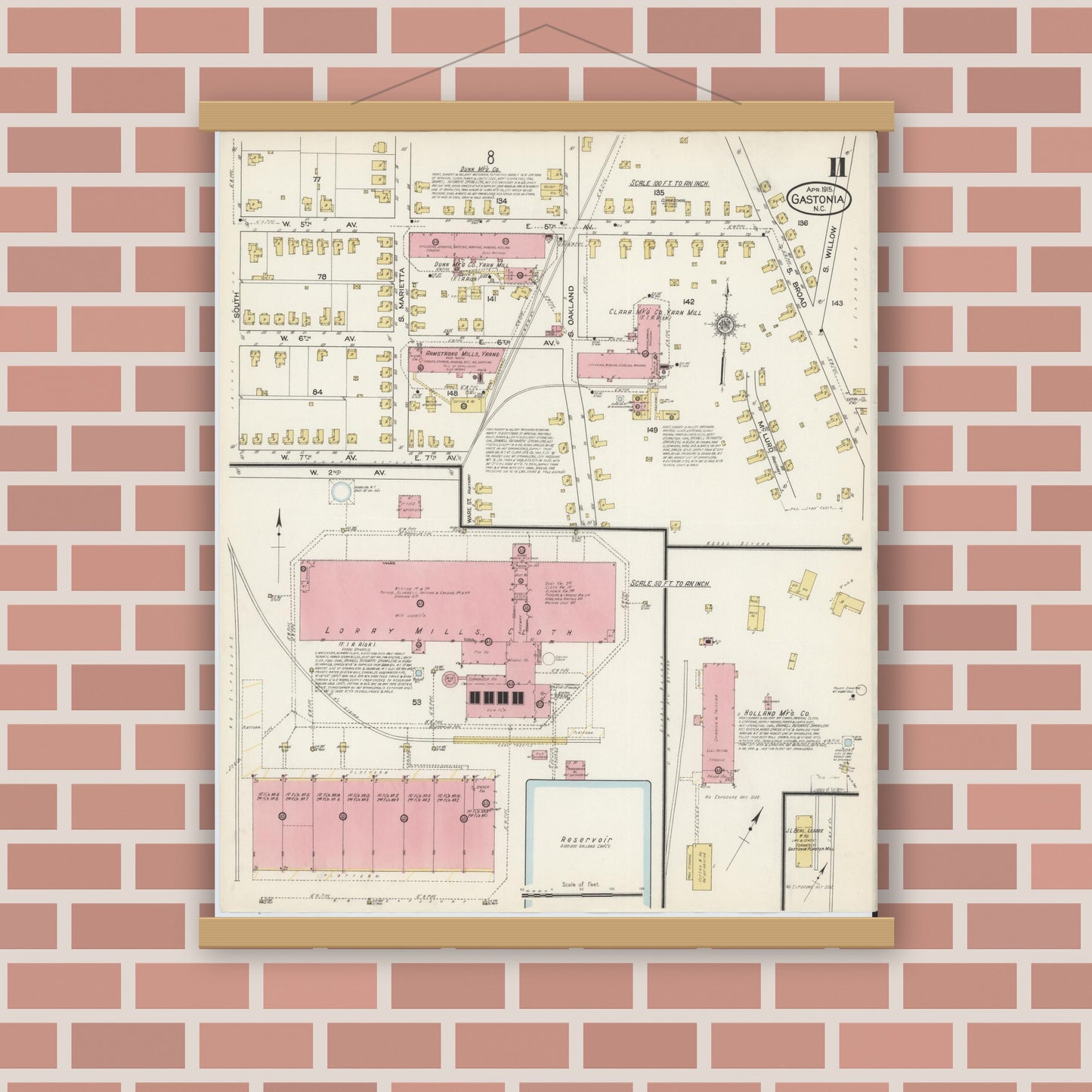 Old map wall art mockup — magnetic wood frame on brick wall — Sanborn Fire Insurance Map from Gastonia, Gaston County, North Carolina (1915), Sheet #0011