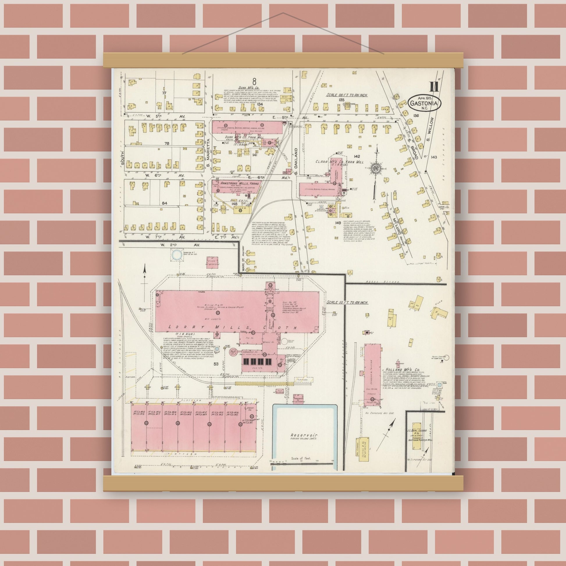 Old map wall art mockup — magnetic wood frame on brick wall — Sanborn Fire Insurance Map from Gastonia, Gaston County, North Carolina (1915), Sheet #0011
