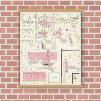 Old map wall art mockup — magnetic wood frame on brick wall — Sanborn Fire Insurance Map from Gastonia, Gaston County, North Carolina (1915), Sheet #0011
