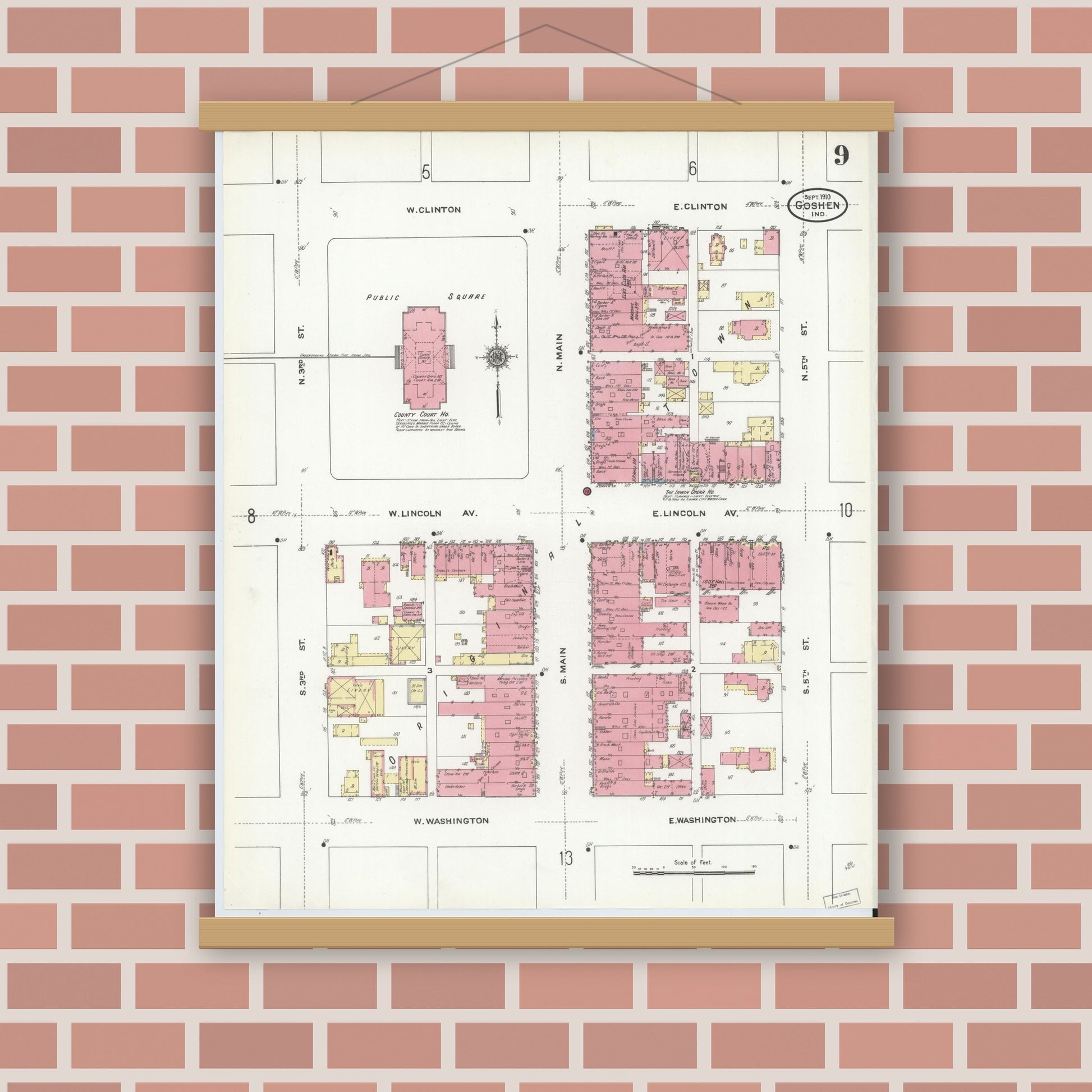 Old map wall art mockup — magnetic wood frame on brick wall — Sanborn Fire Insurance Map from Goshen, Elkhart County, Indiana (1910), Sheet #0009